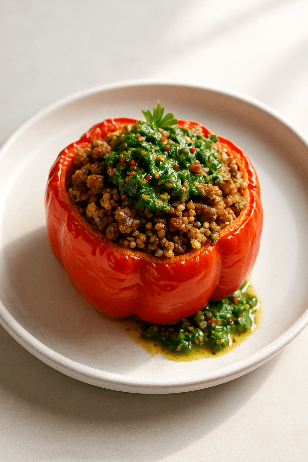 Savory Ground Beef-Stuffed Bell Peppers with Quinoa and Chimichurri