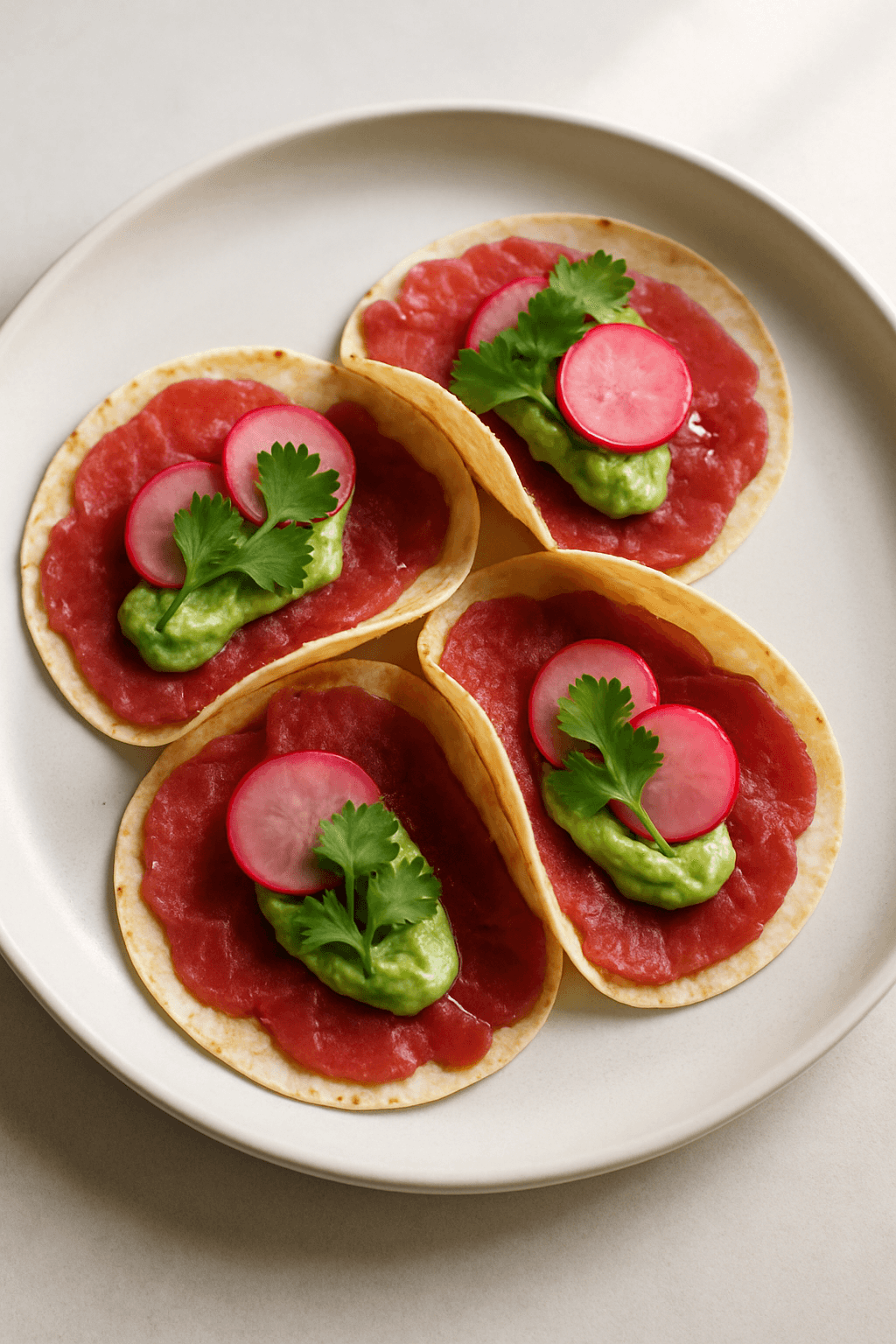 Beef Carpaccio Tacos with Avocado-Cilantro Cream and Pickled Radish