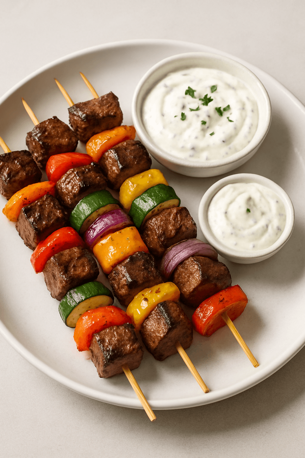 Beefy Rainbow Veggie Skewers with Tangy Yogurt Dip
