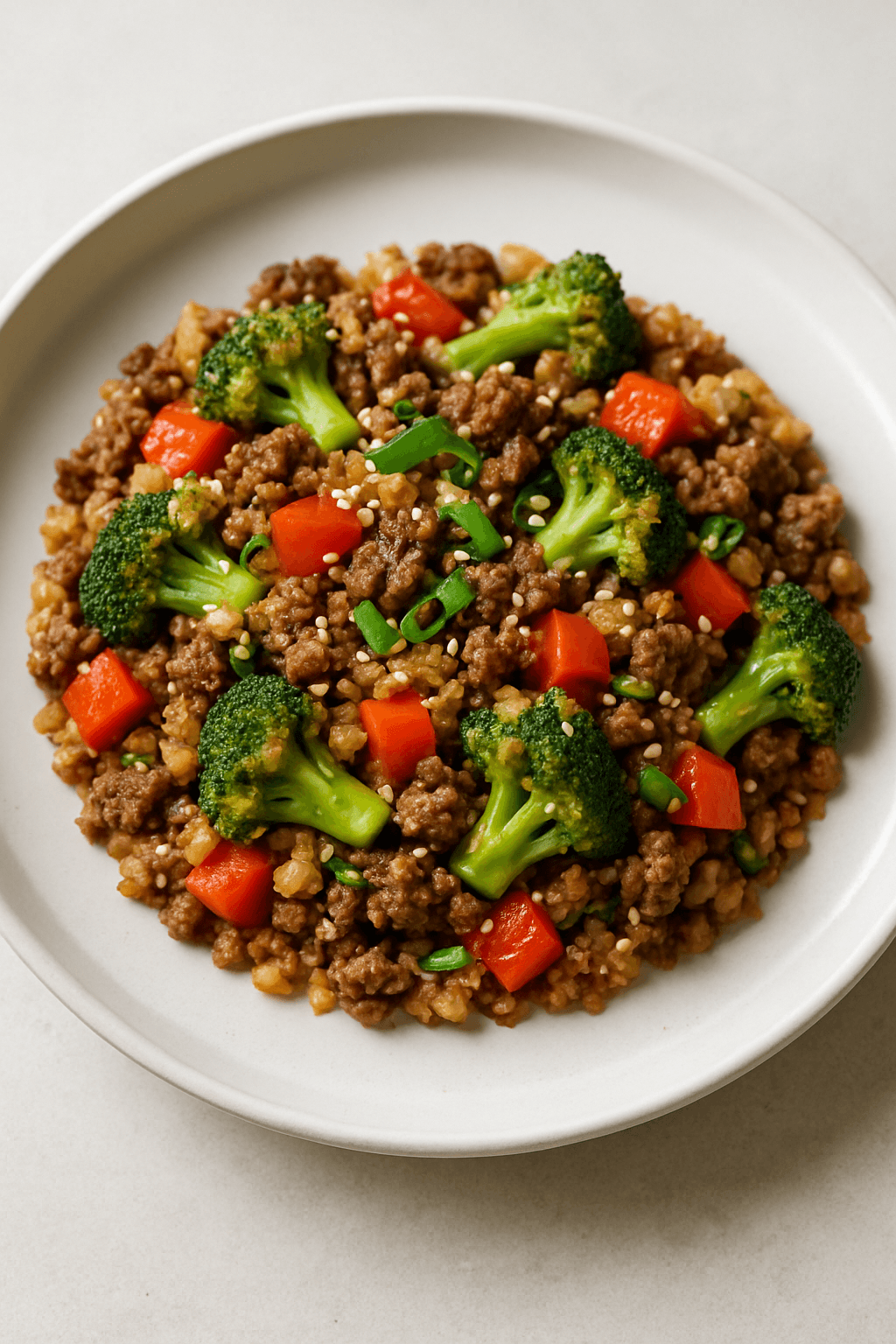 Savory Ground Beef and Cauliflower Rice Stir-Fry with Ginger-Sesame Glaze