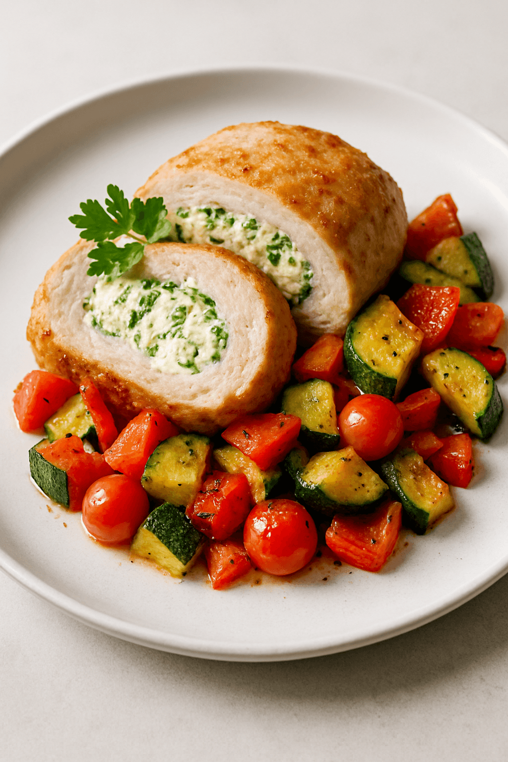 Ground Chicken Roulade with Herb-Infused Cream Cheese and Roasted Vegetable Medley