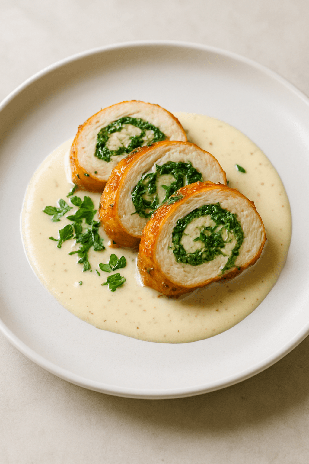 Herb-Infused Chicken Roulade with Roasted Garlic Cream Sauce