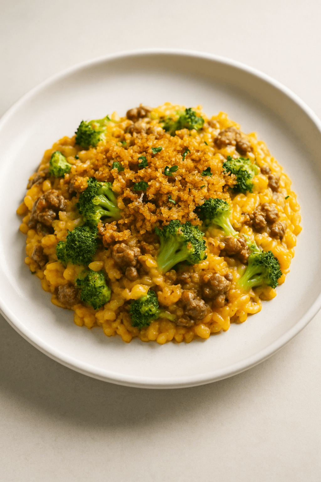 Savory Ground Beef and Cheesy Broccoli Rice Casserole with Crunchy Garlic Breadcrumbs