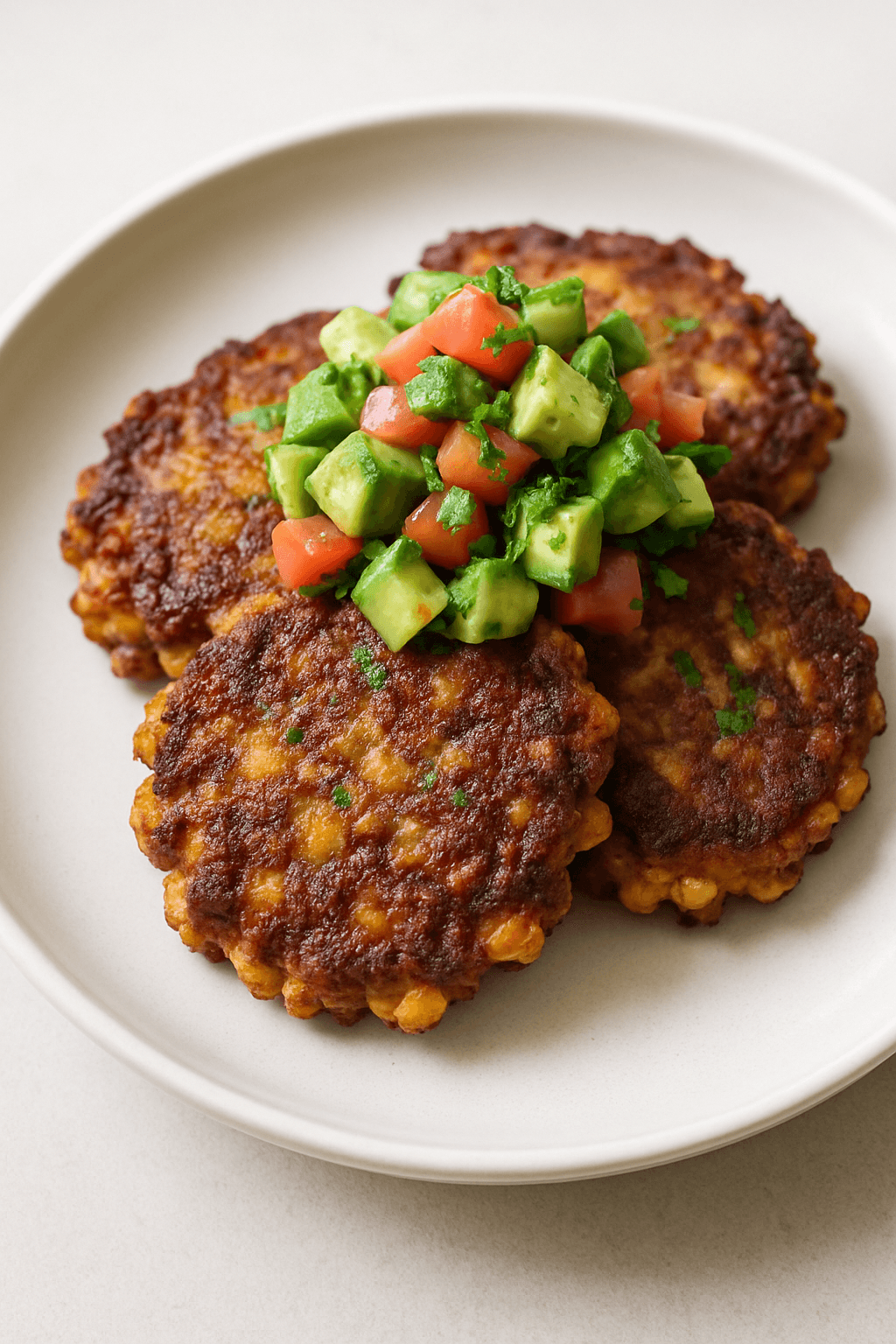Savory Ground Beef and Sweet Corn Fritters with Avocado Salsa