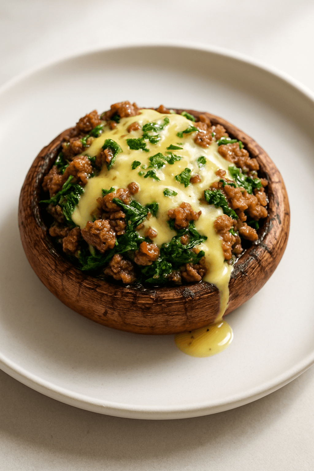 Savory Ground Beef and Spinach Stuffed Portobello Mushrooms with Garlic Parmesan Drizzle