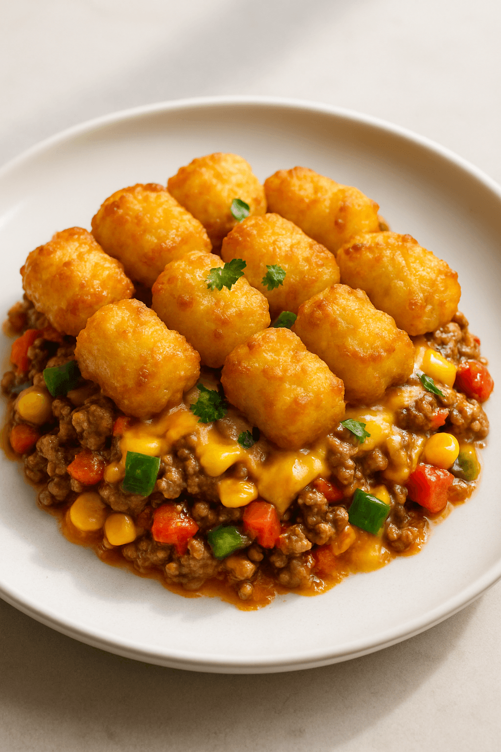 Cheesy Ground Beef and Veggie Skillet Bake with Crispy Tater Tot Topping