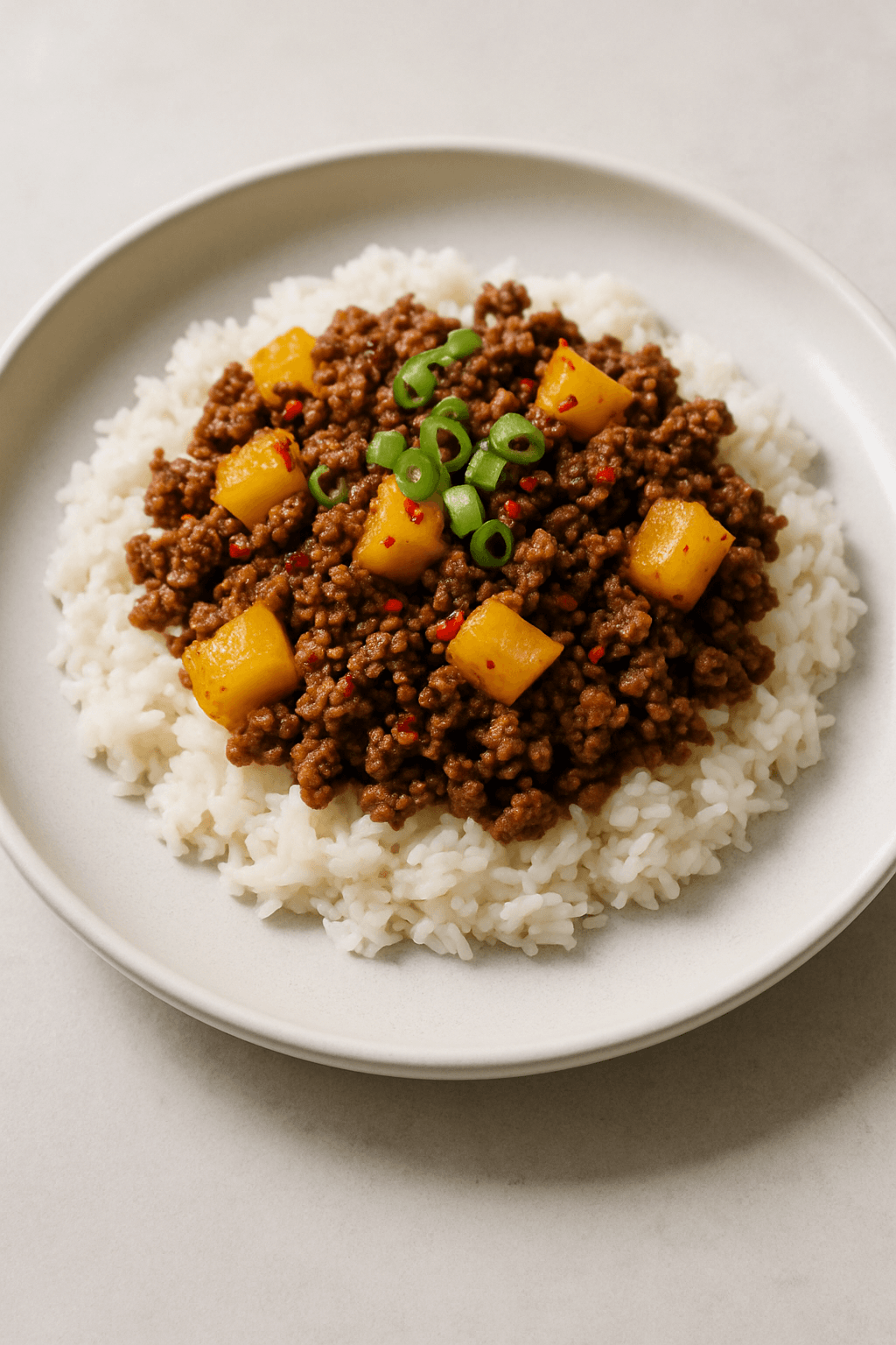 Spicy Ground Beef and Pineapple Stir-Fry with Coconut Rice