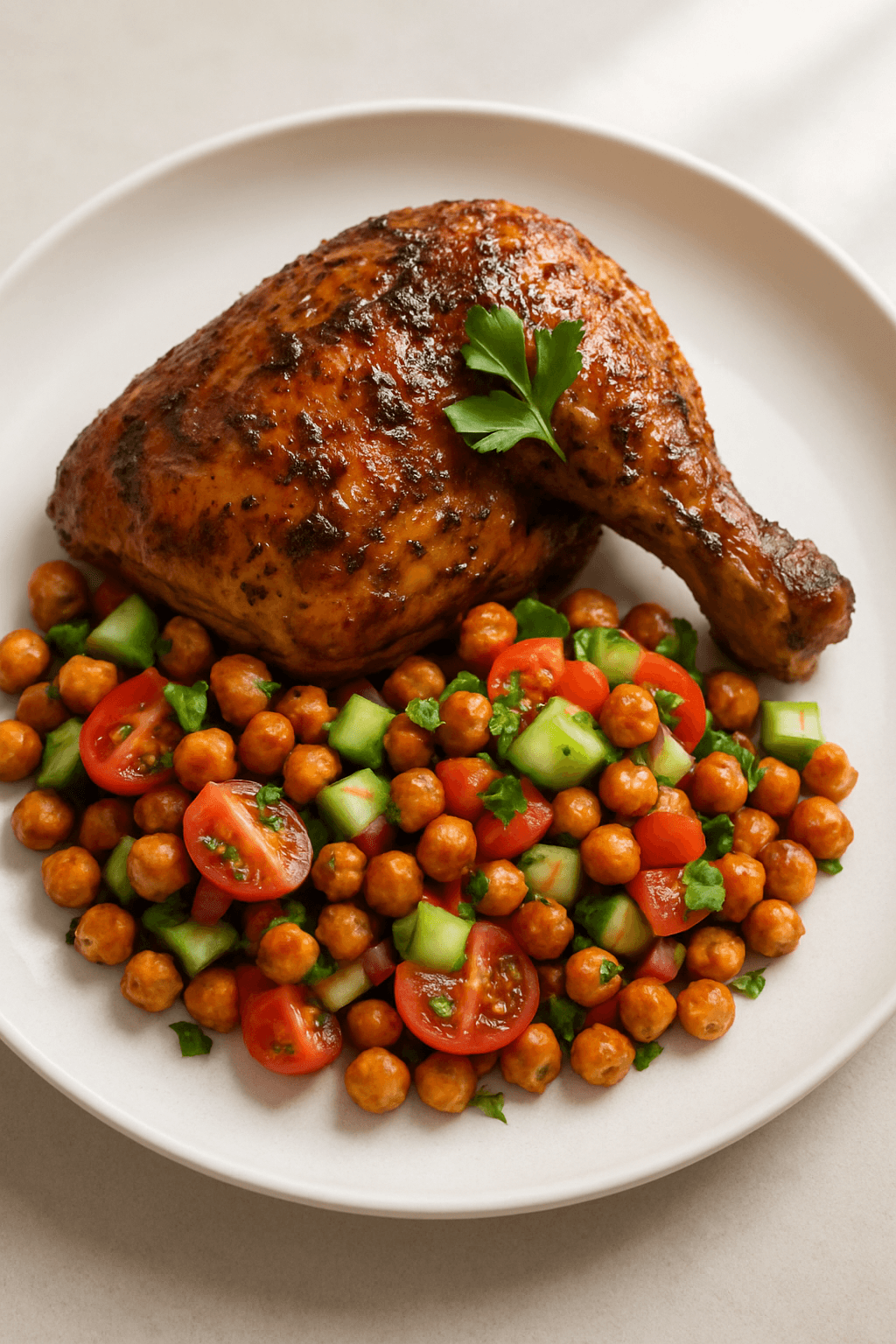 Mediterranean Herb-Infused Rotisserie Chicken with Pomegranate Molasses Glaze and Roasted Chickpea Salad