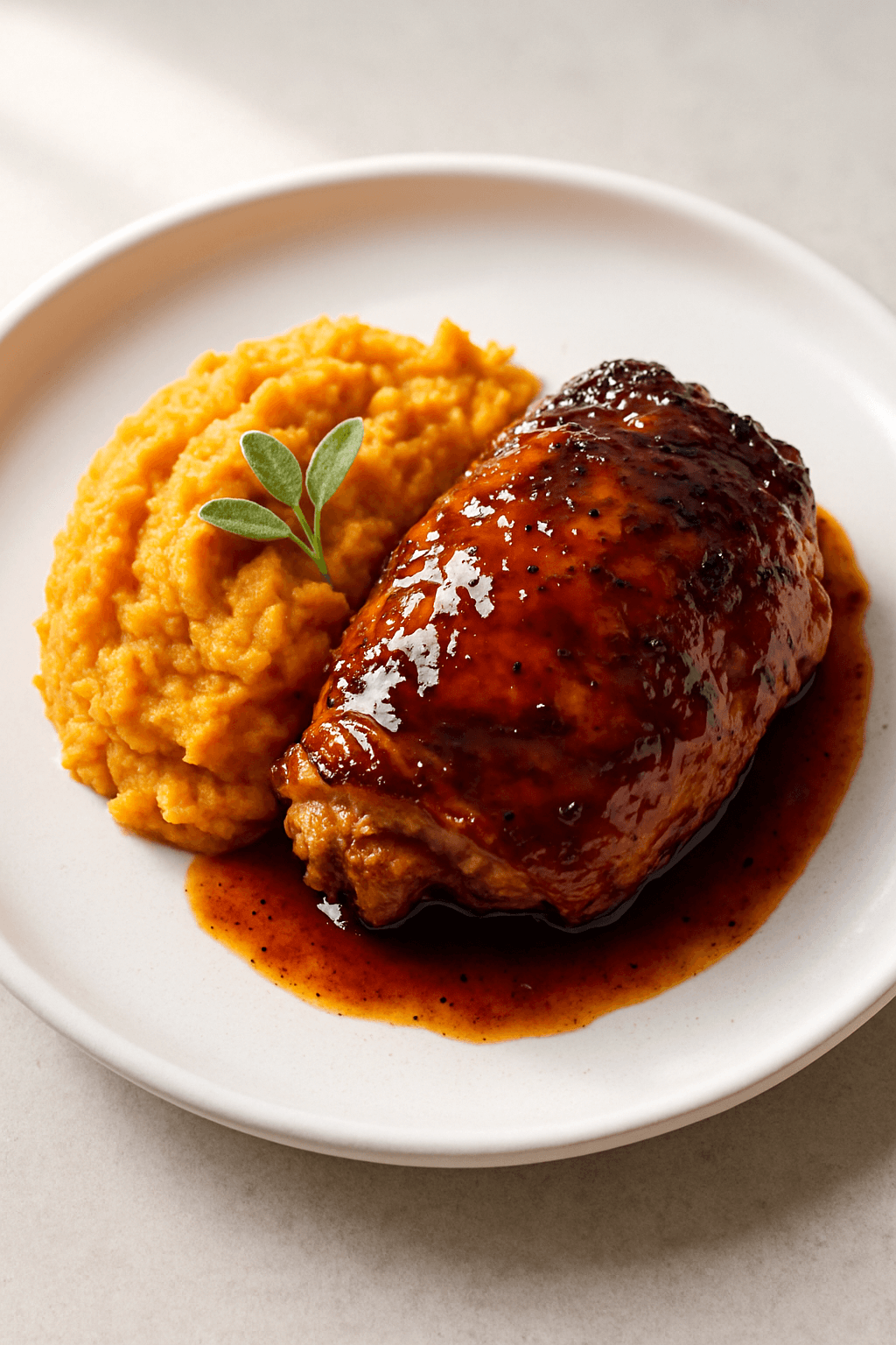Savory Maple-Bourbon Glazed Chicken with Sweet Potato and Sage Mash