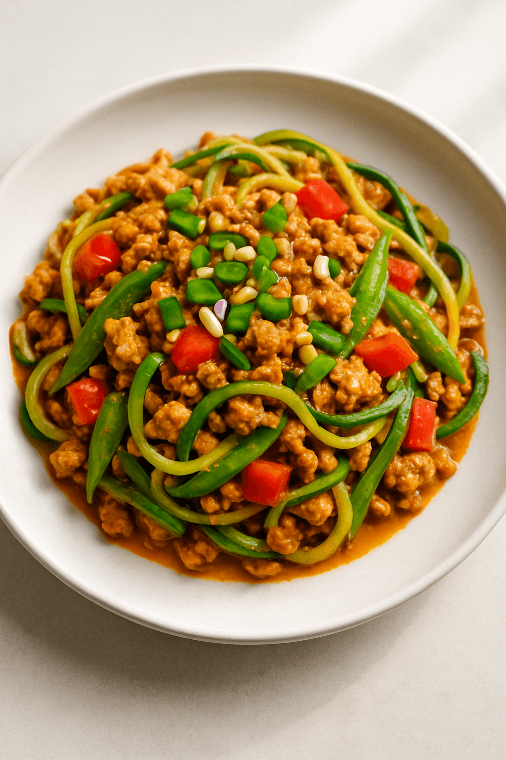Savory Ground Chicken and Zucchini Noodle Stir-Fry with Spicy Peanut Sauce