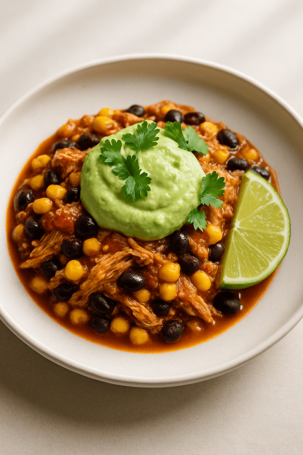 Crockpot Fiesta Chicken with Sweet Corn and Avocado Cream