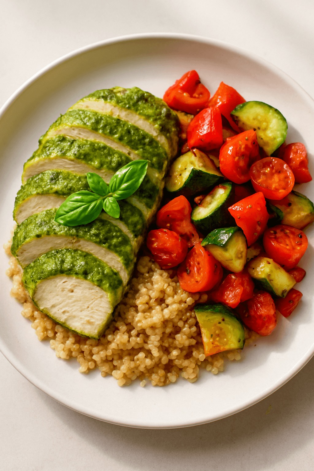 Zesty Pesto Chicken with Roasted Vegetable Medley and Quinoa