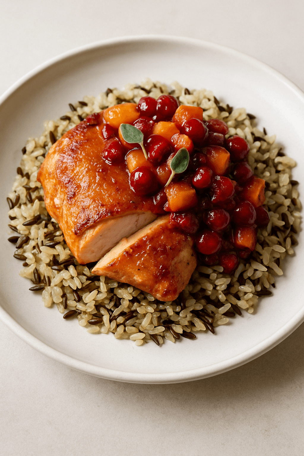 Autumn Harvest Chicken with Spiced Apple-Cranberry Chutney and Sage-Infused Wild Rice