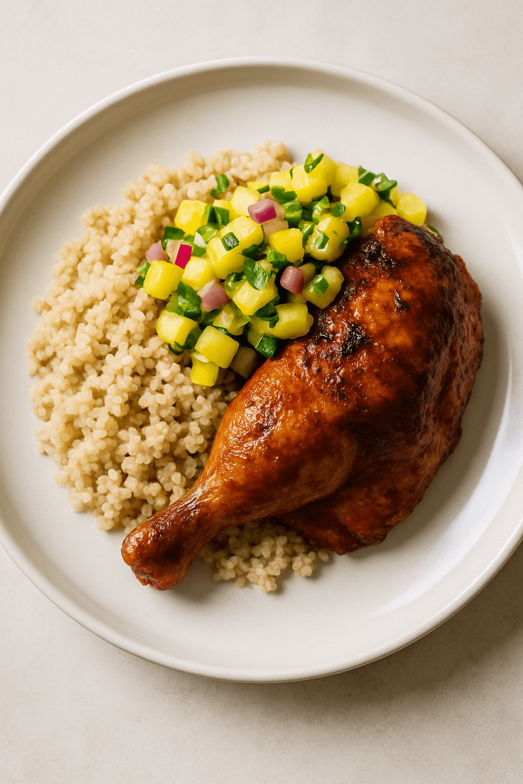 Savory Rotisserie Chicken with Spicy Pineapple Salsa and Coconut Quinoa