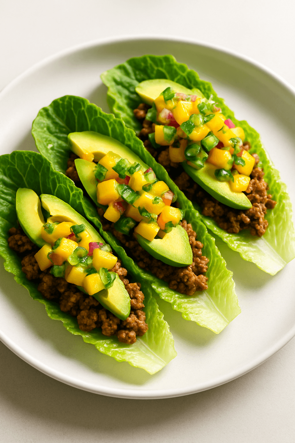 Zesty Ground Beef and Avocado Lettuce Wraps with Mango Salsa