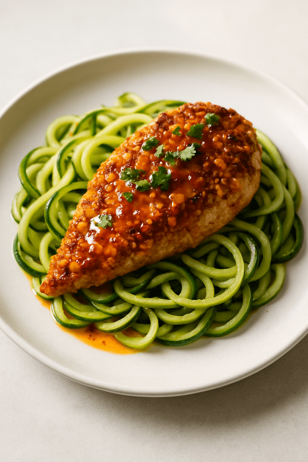 Crispy Almond-Crusted Chicken with Spicy Apricot Glaze and Zucchini Noodles