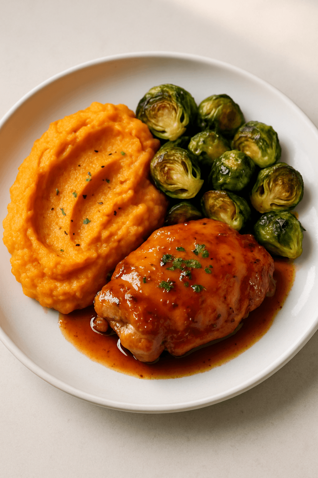 Savory Maple-Dijon Glazed Chicken with Roasted Brussels Sprouts and Sweet Potato Mash