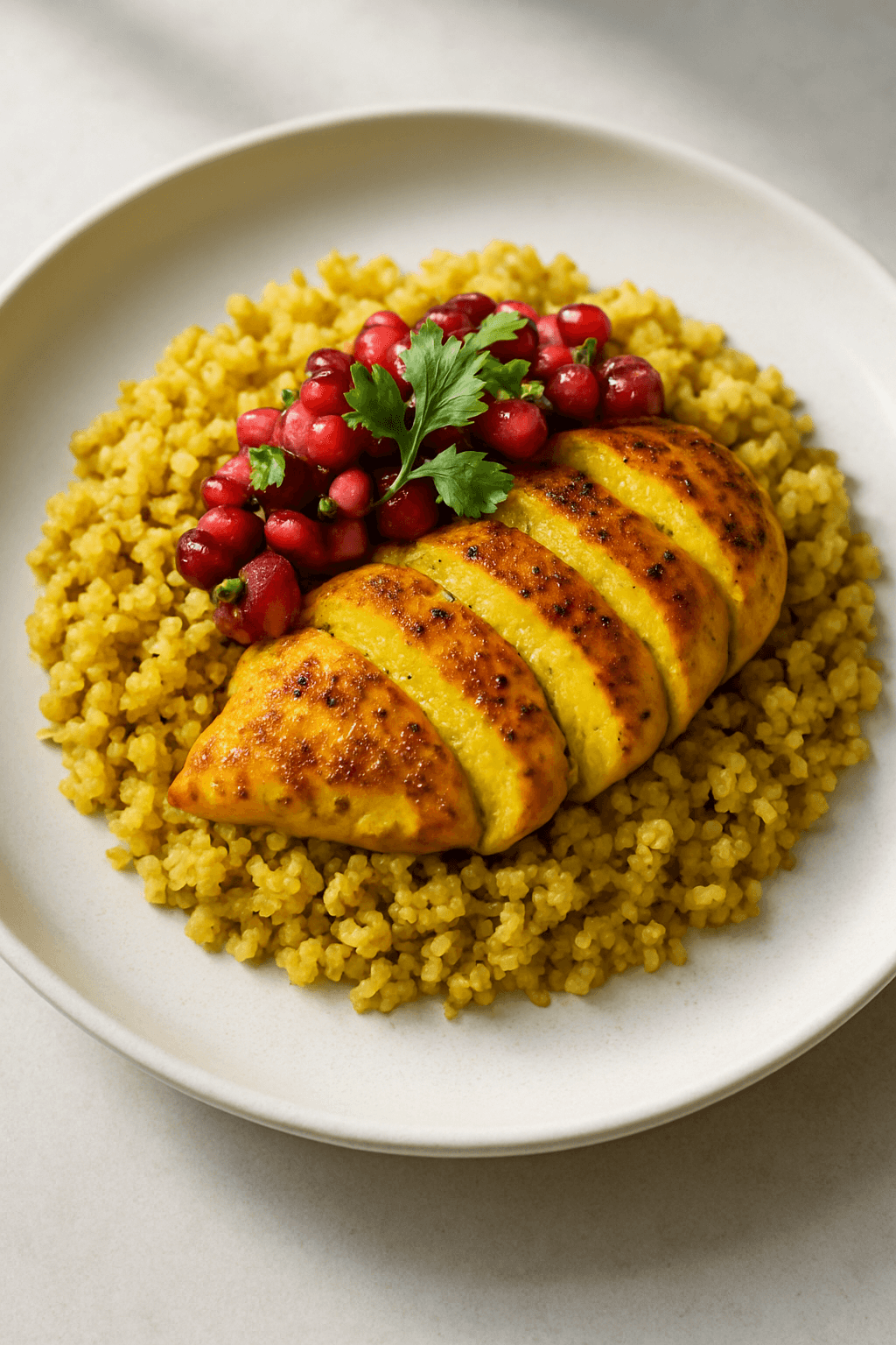 Savory Turmeric-Infused Chicken with Spiced Cauliflower Rice and Pomegranate Salsa