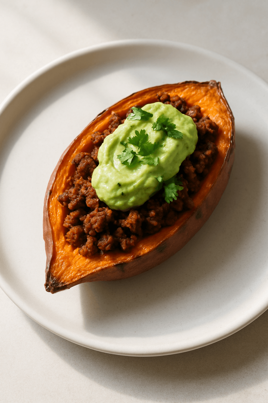 Savory Beef-Stuffed Sweet Potatoes with Spicy Avocado Cream