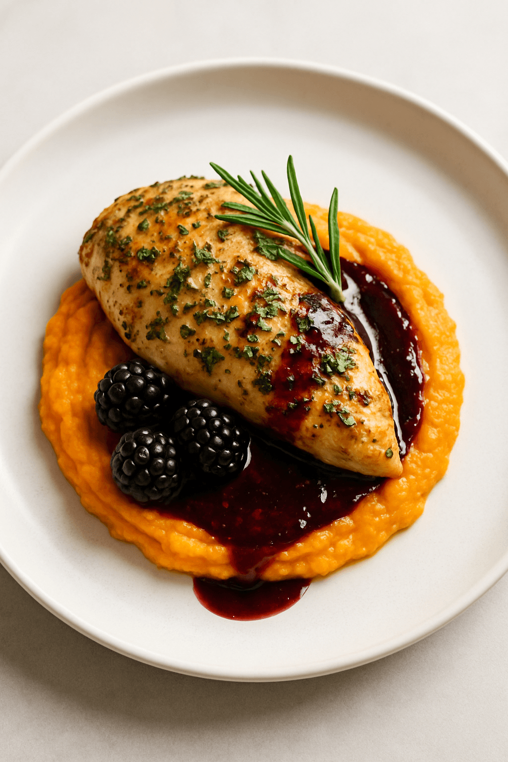 Herb-Infused Chicken with Blackberry-Balsamic Reduction and Sweet Potato Purée