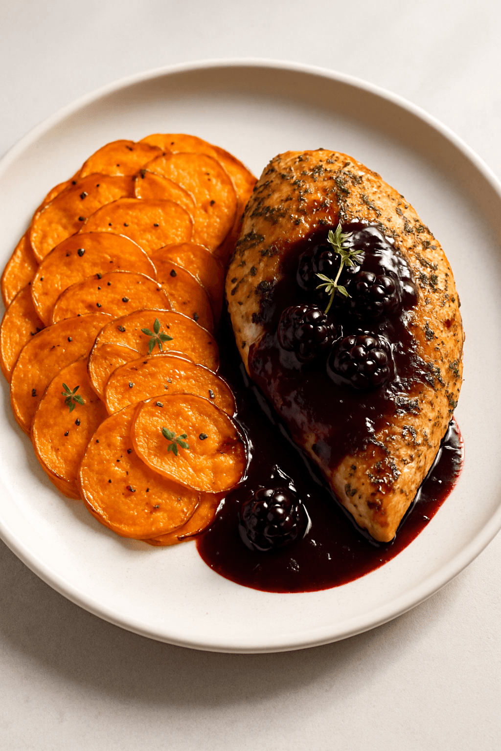 Crispy Herb-Infused Chicken with Blackberry-Balsamic Glaze and Sweet Potato Galette