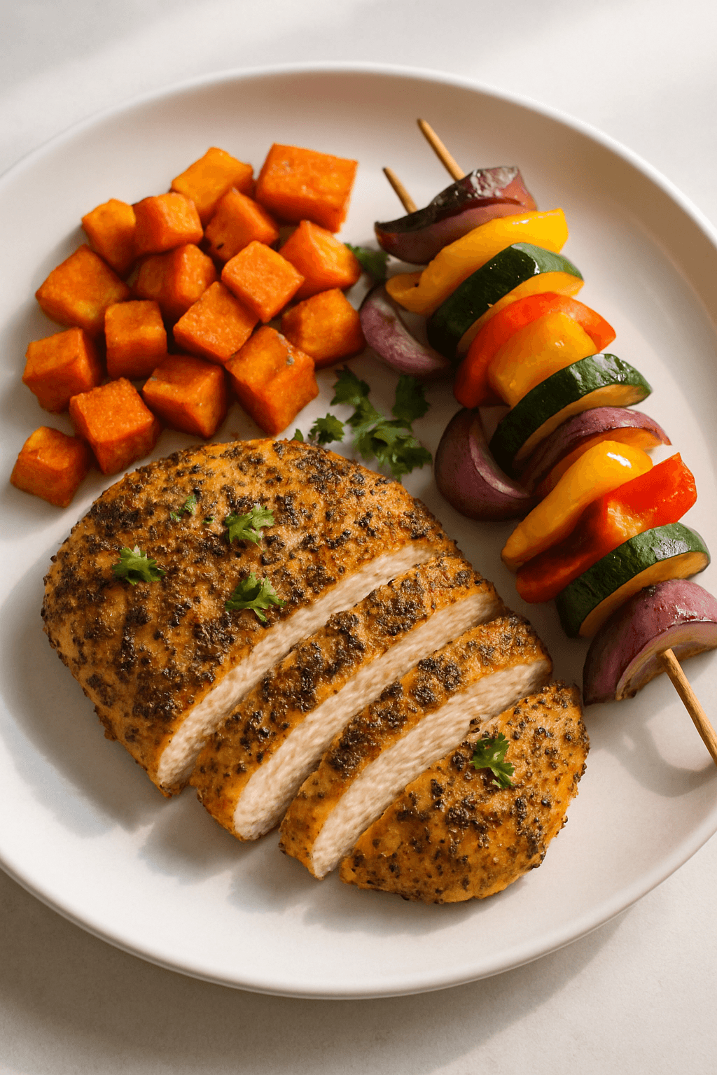 Crispy Herb-Infused Chicken with Sweet Potato and Rainbow Veggie Skewers