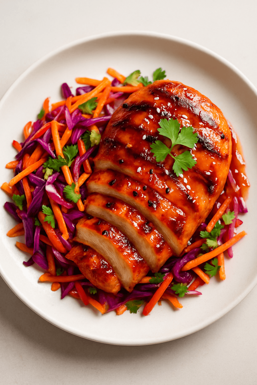 Grilled Chicken with Sweet Chili-Peach Glaze and Crunchy Rainbow Slaw