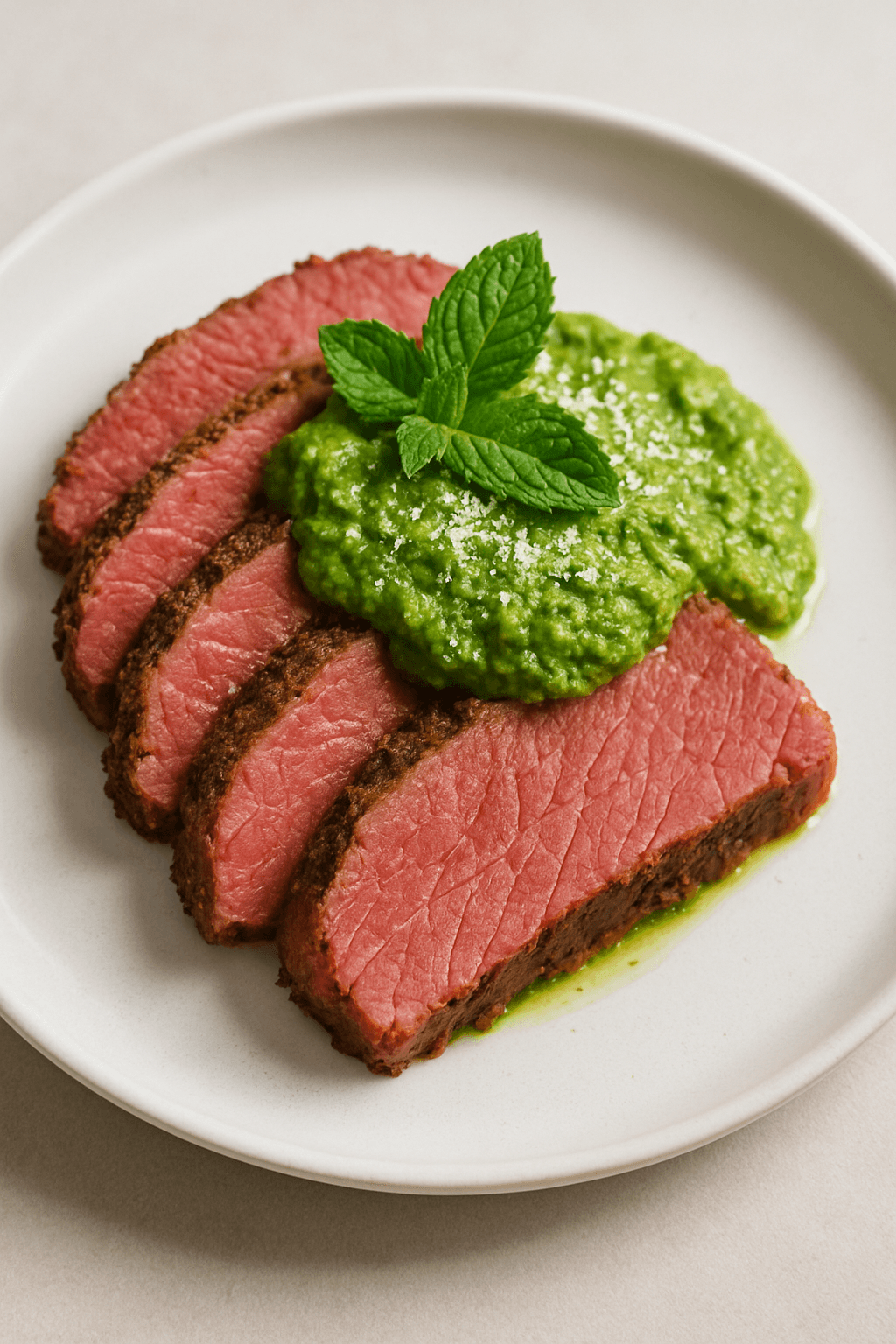 Herb-Infused Corned Beef with Spring Pea and Mint Pesto