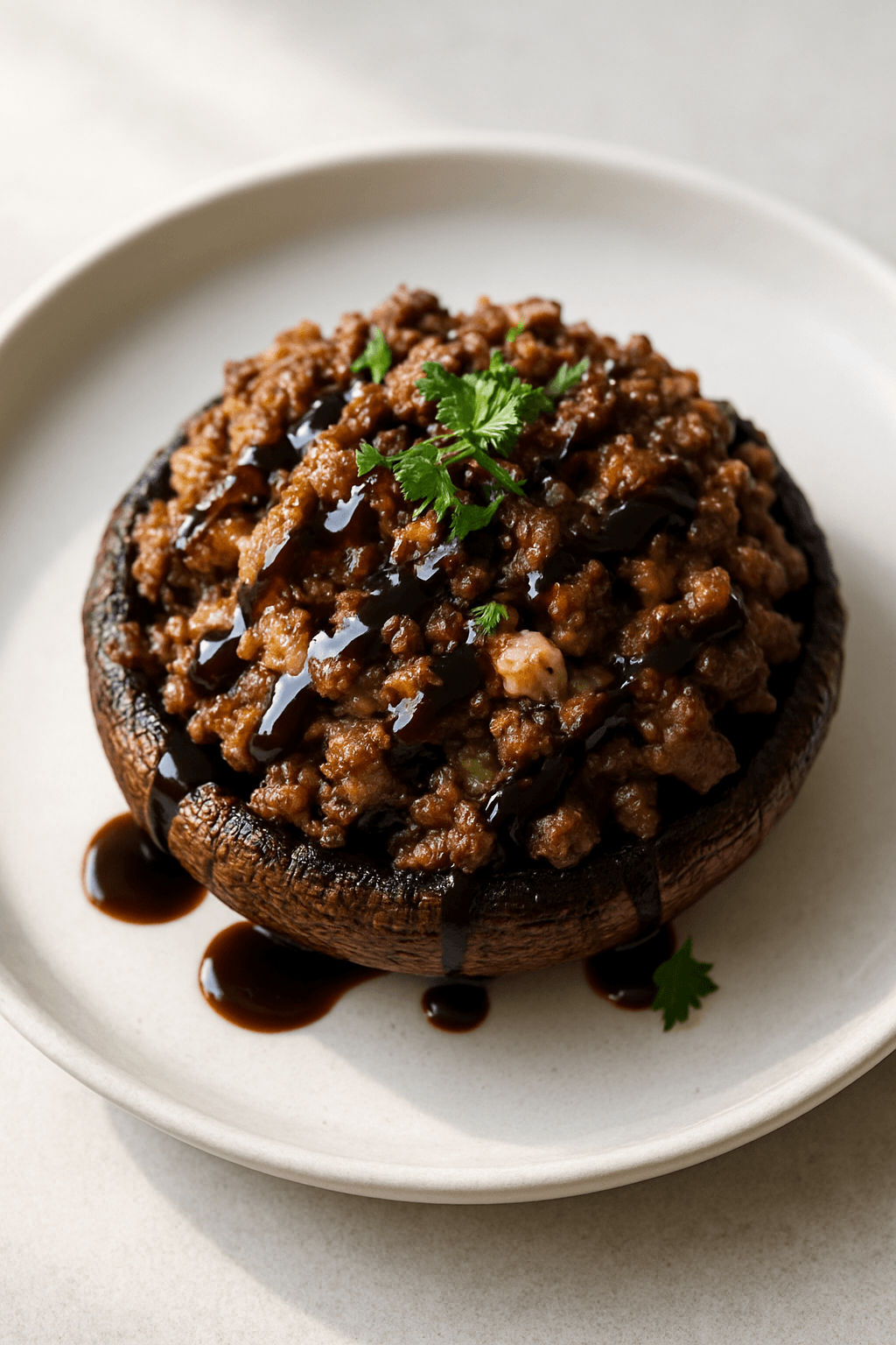 Beef and Blue Cheese Stuffed Portobello Caps with Balsamic Glaze