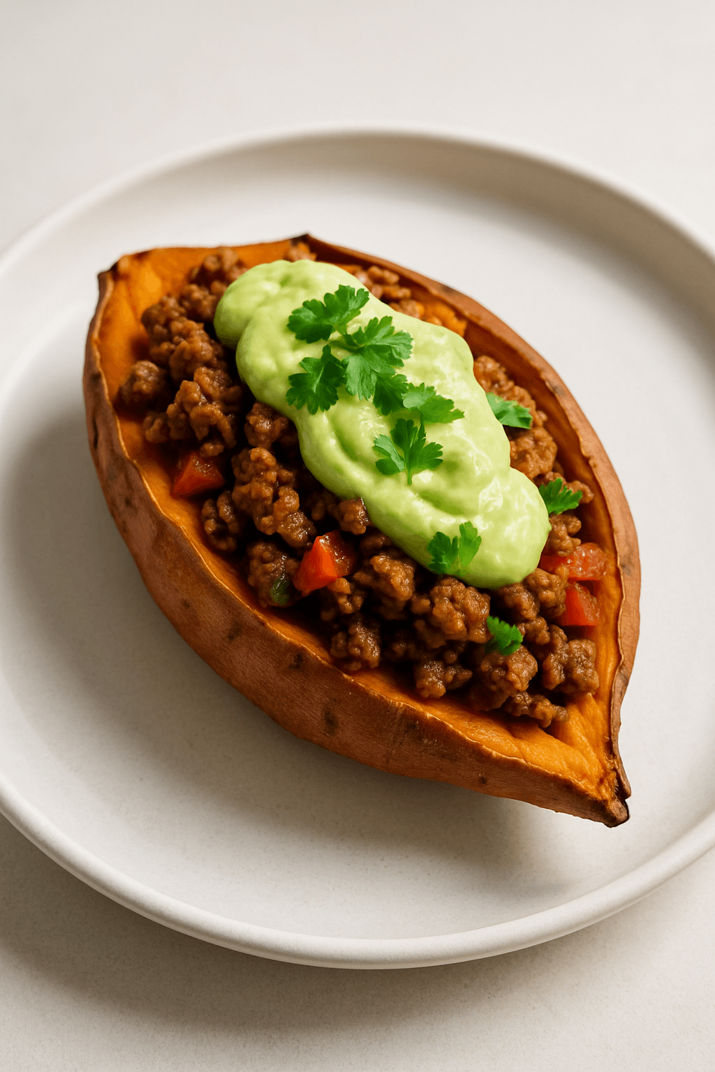 Savory Beef-Stuffed Sweet Potatoes with Spicy Avocado Cream
