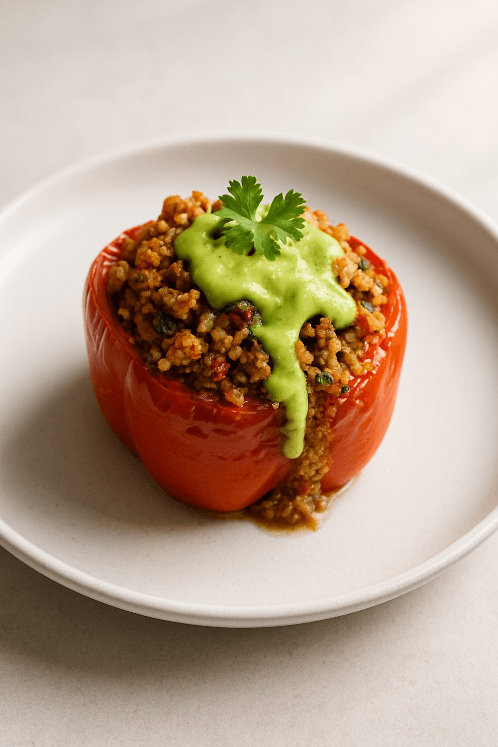 Savory Ground Chicken and Quinoa Stuffed Bell Peppers with Avocado Lime Drizzle