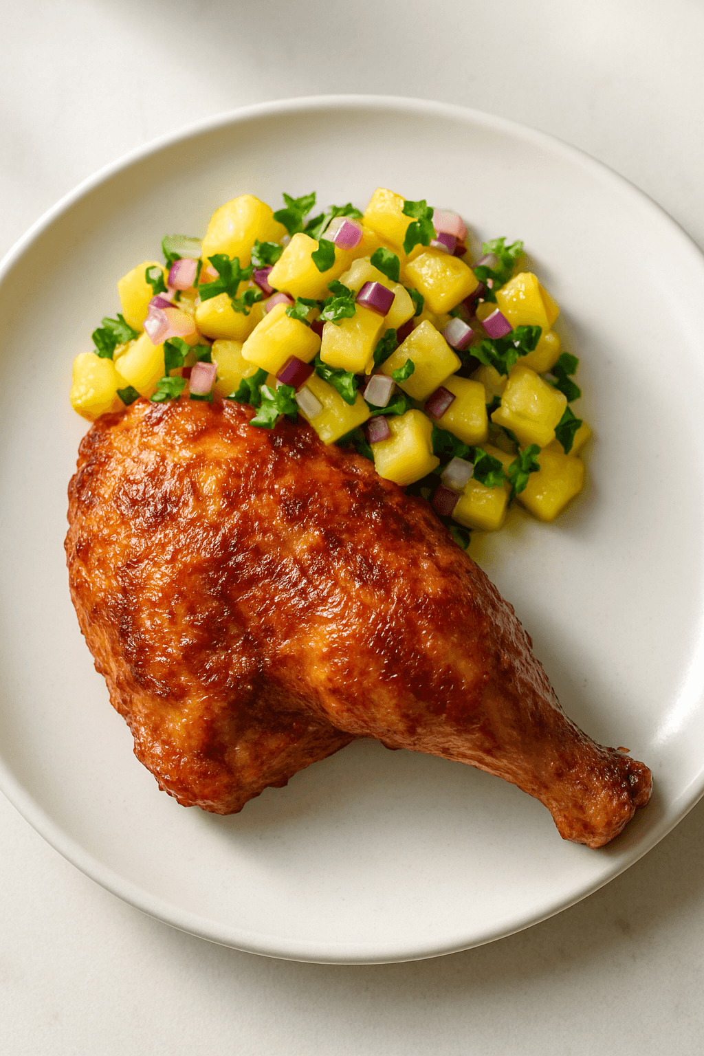 Crispy Rotisserie Chicken with Sweet and Spicy Pineapple Salsa
