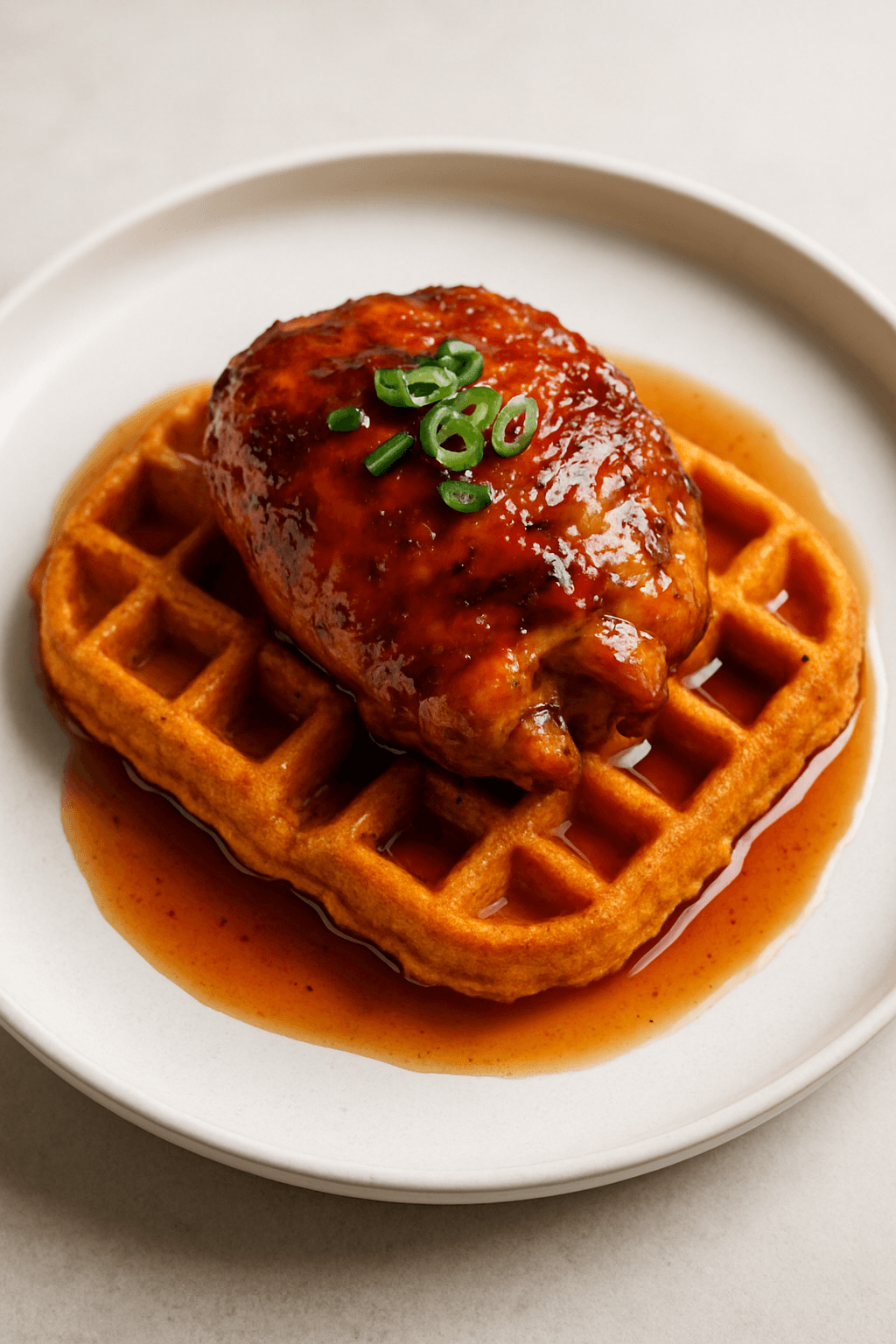 Savory Maple-Bourbon Glazed Chicken with Sweet Potato Waffles and Spicy Maple Syrup