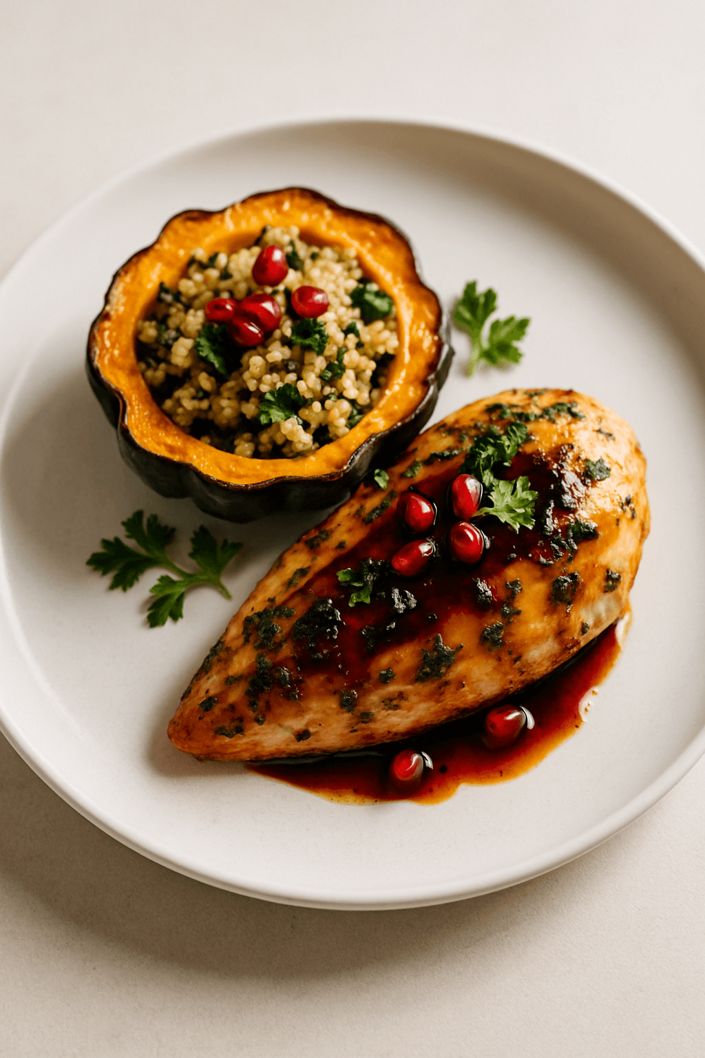 Herb-Infused Chicken with Pomegranate Molasses Glaze and Quinoa-Stuffed Acorn Squash
