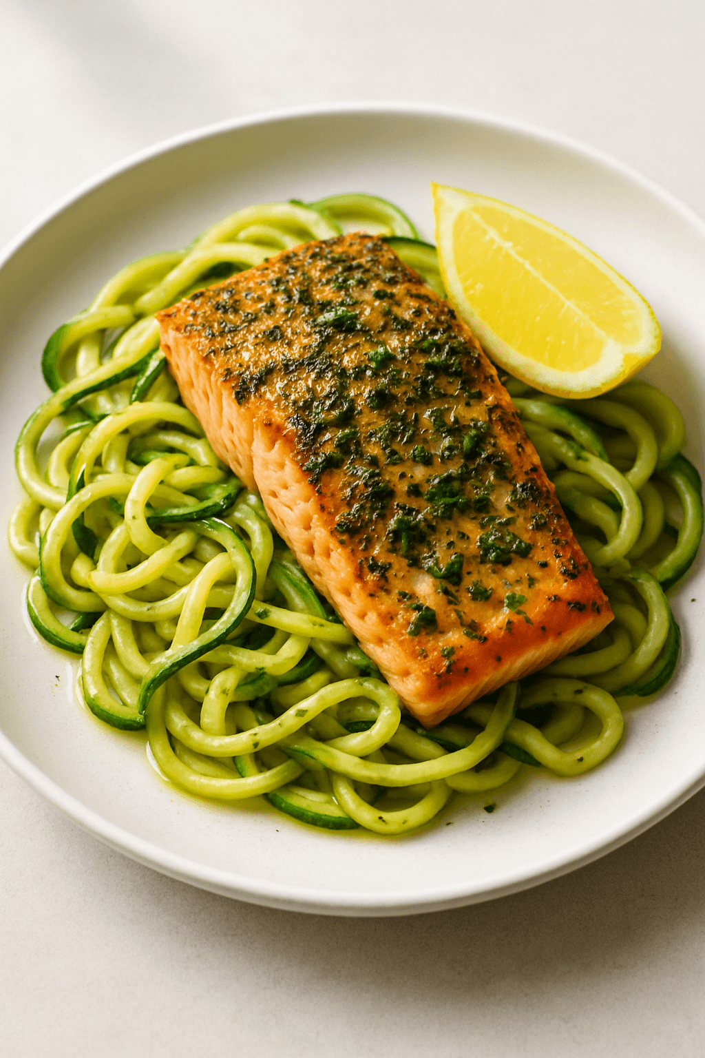 Savory Herb-Infused Salmon with Garlic Lemon Butter and Zucchini Noodles