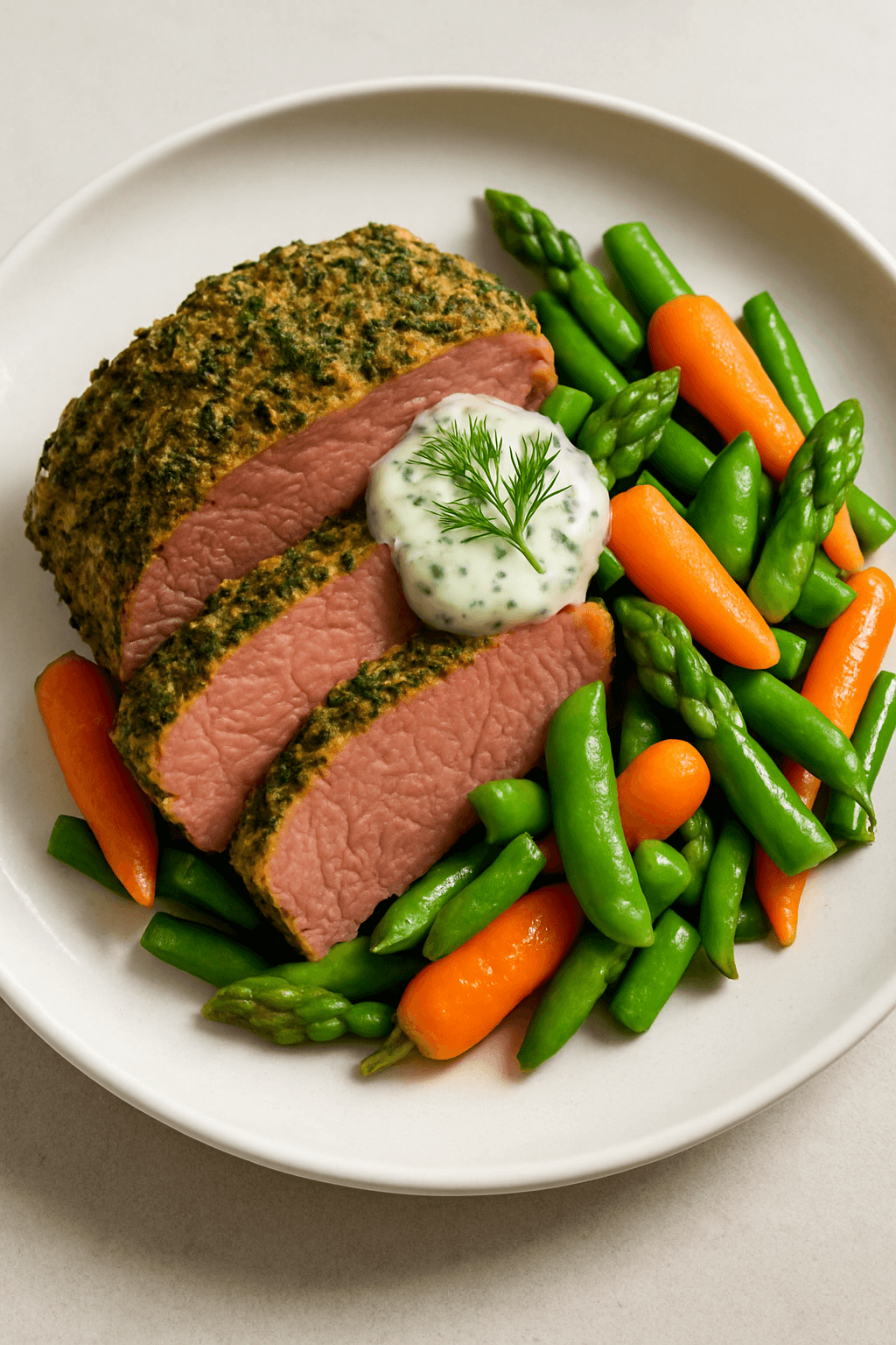 Herb-Infused Corned Beef with Spring Vegetable Medley and Mustard-Dill Sauce