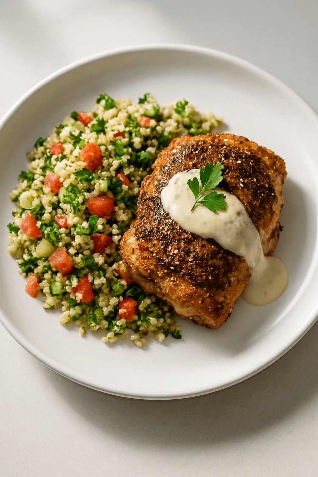 Crispy Za'atar Chicken with Roasted Garlic Tahini Sauce and Quinoa Tabbouleh