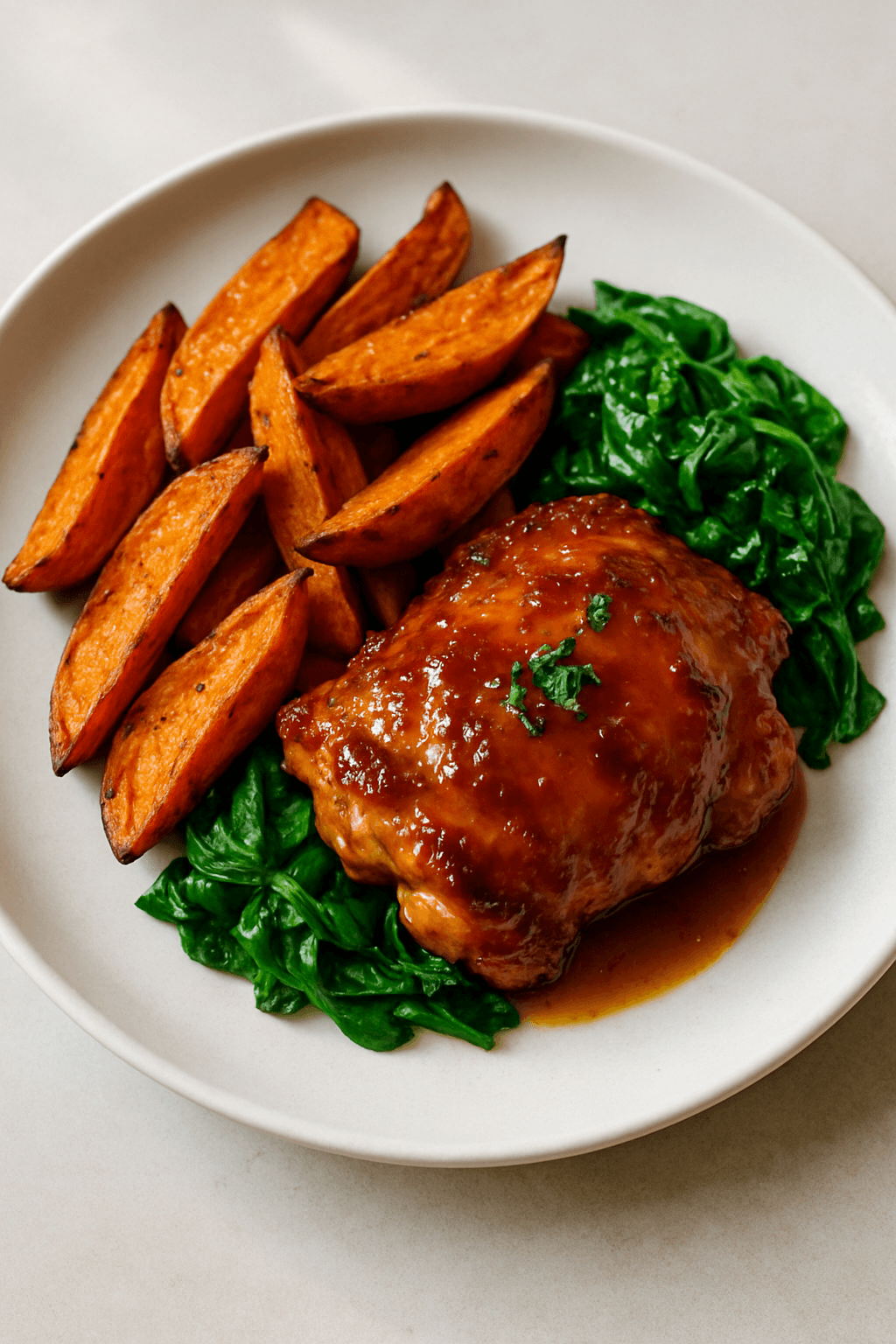 Savory Maple-Dijon Glazed Chicken with Sweet Potato Wedges and Garlic Spinach