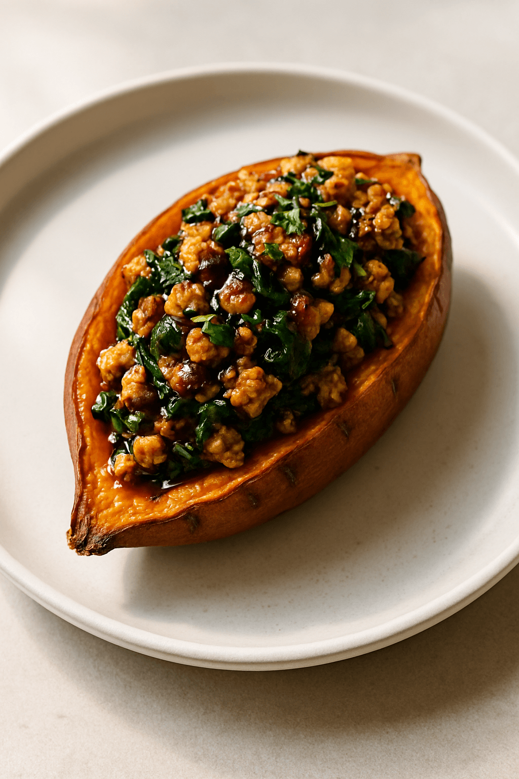 Savory Ground Chicken and Spinach Stuffed Sweet Potatoes with a Maple-Balsamic Glaze