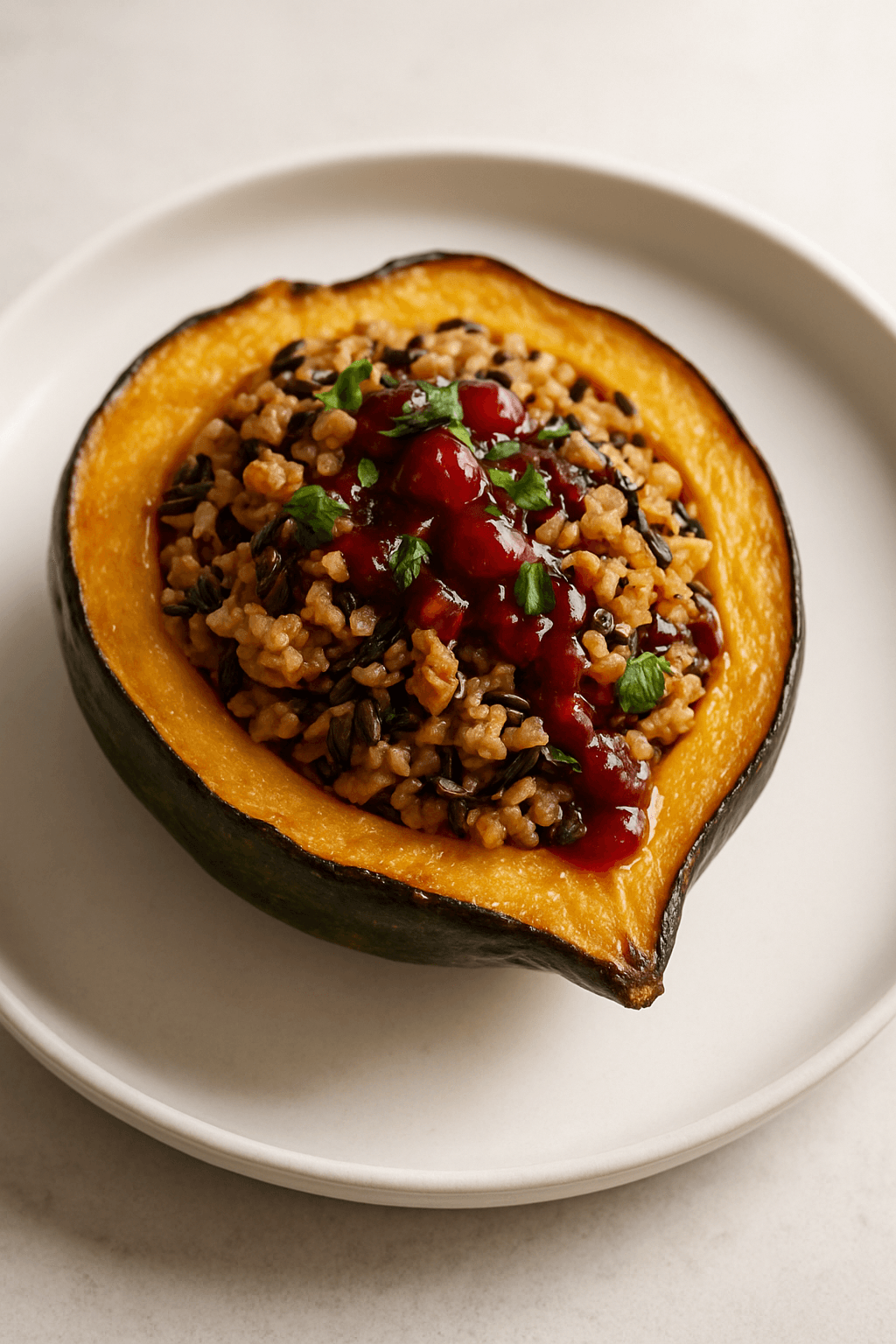 Savory Ground Chicken and Wild Rice Stuffed Acorn Squash with Maple-Cranberry Glaze