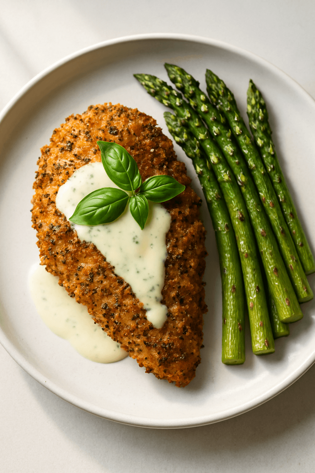 Crispy Herb-Crusted Chicken with Lemon-Basil Cream and Roasted Asparagus