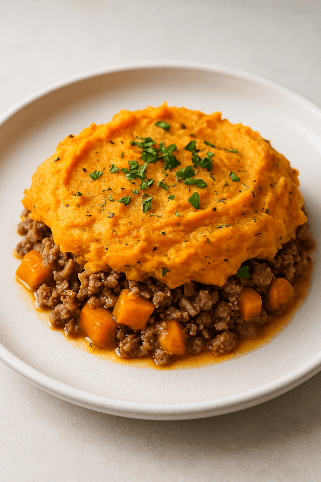 Savory Ground Beef and Butternut Squash Shepherd's Pie with Herbed Sweet Potato Mash
