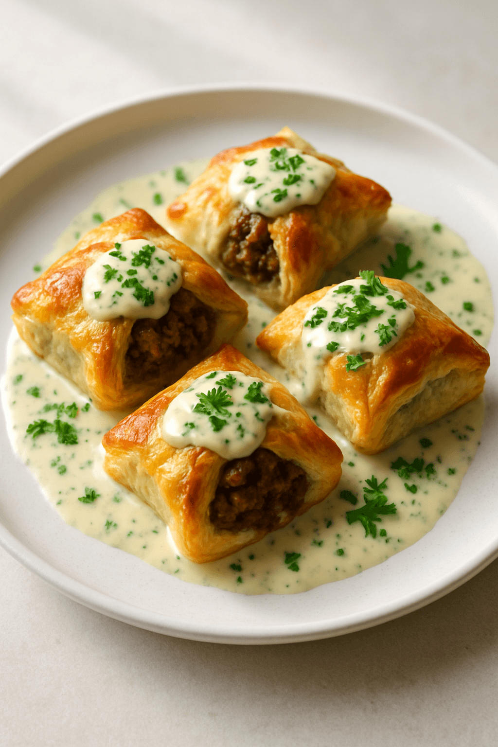 Savory Ground Beef Wellington Bites with Herb Cream Sauce